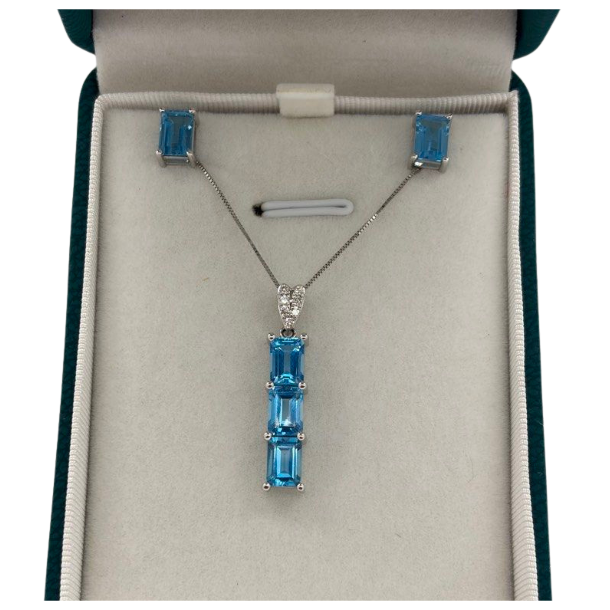 10K White Gold Blue Topaz & Diamond Necklace, Earring Set