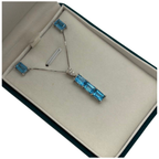 10K White Gold Blue Topaz & Diamond Necklace, Earring Set