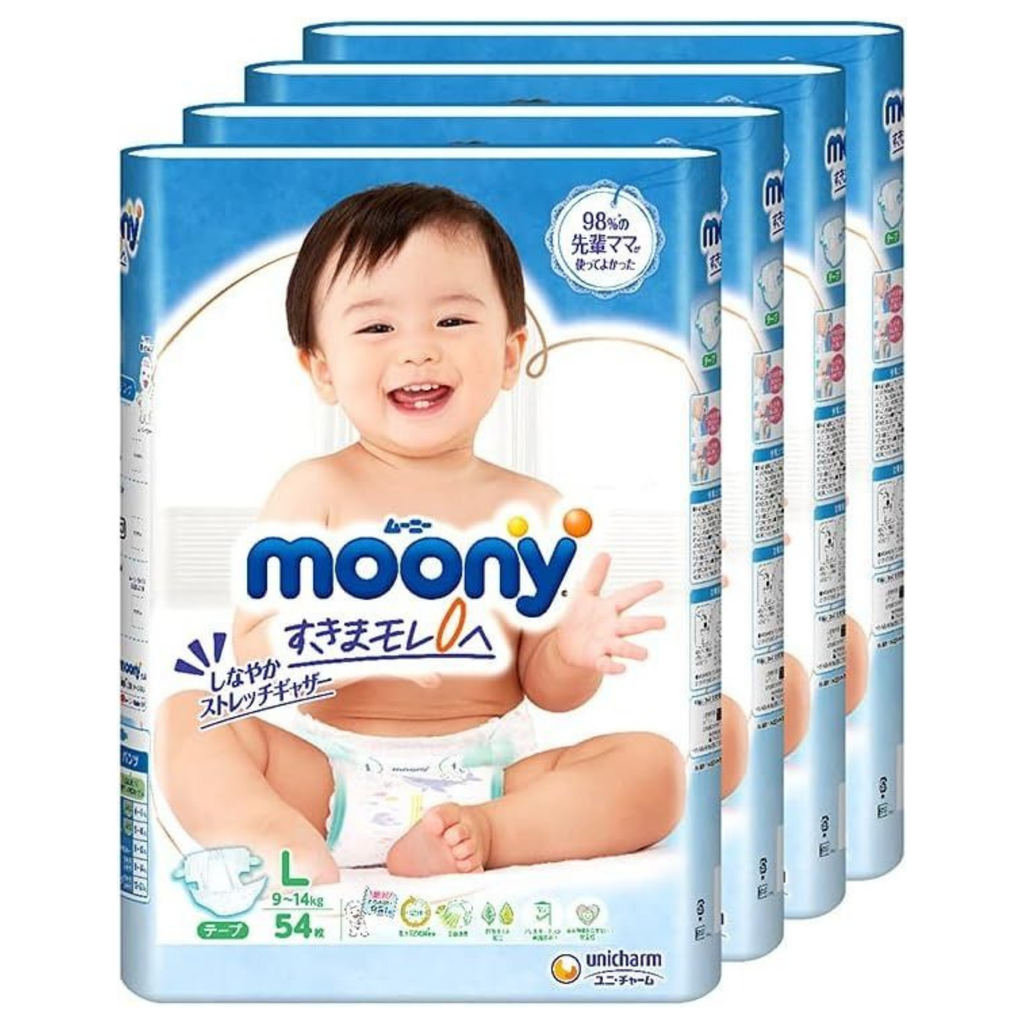 Moony Air Fit Tape Baby Diapers, L, 9-14kg, 54 Pcs x 4 Packs