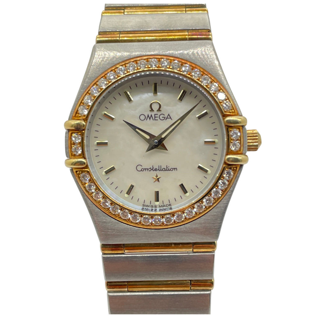 Omega Constellation 25mm Quartz Half Gold Diamond Bezel White Mother of Pearl Dial Watch