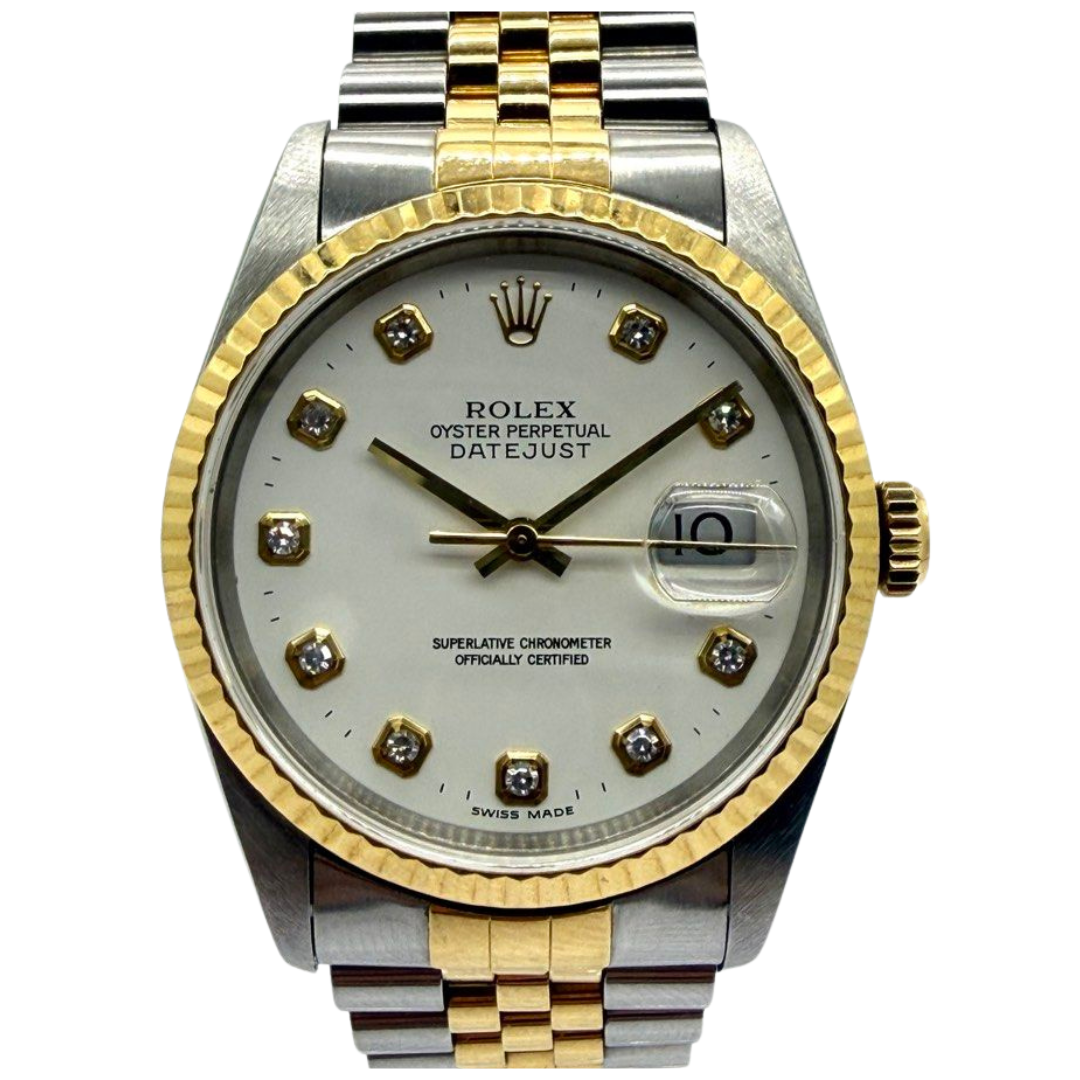 Rolex Datejust 16233 36mm Half Gold Automatic Diamond White Dial Watch
