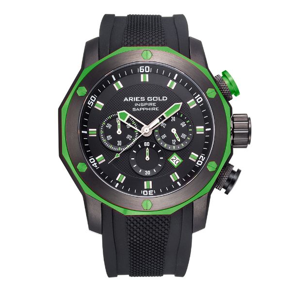 Aries Gold Chronograph Venturer Green Stainless Steel G7012ZBKGN Black Silicone Strap Mens Watch