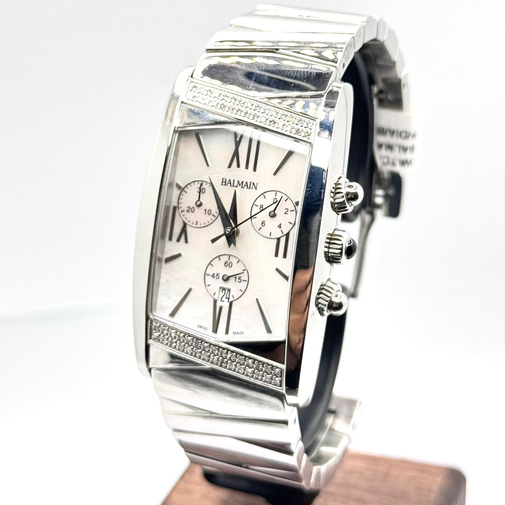 BALMAIN Chronograph w/Diamond Bezel Quartz, Mother Of Pearl Dial Watch, 28 x 48mm