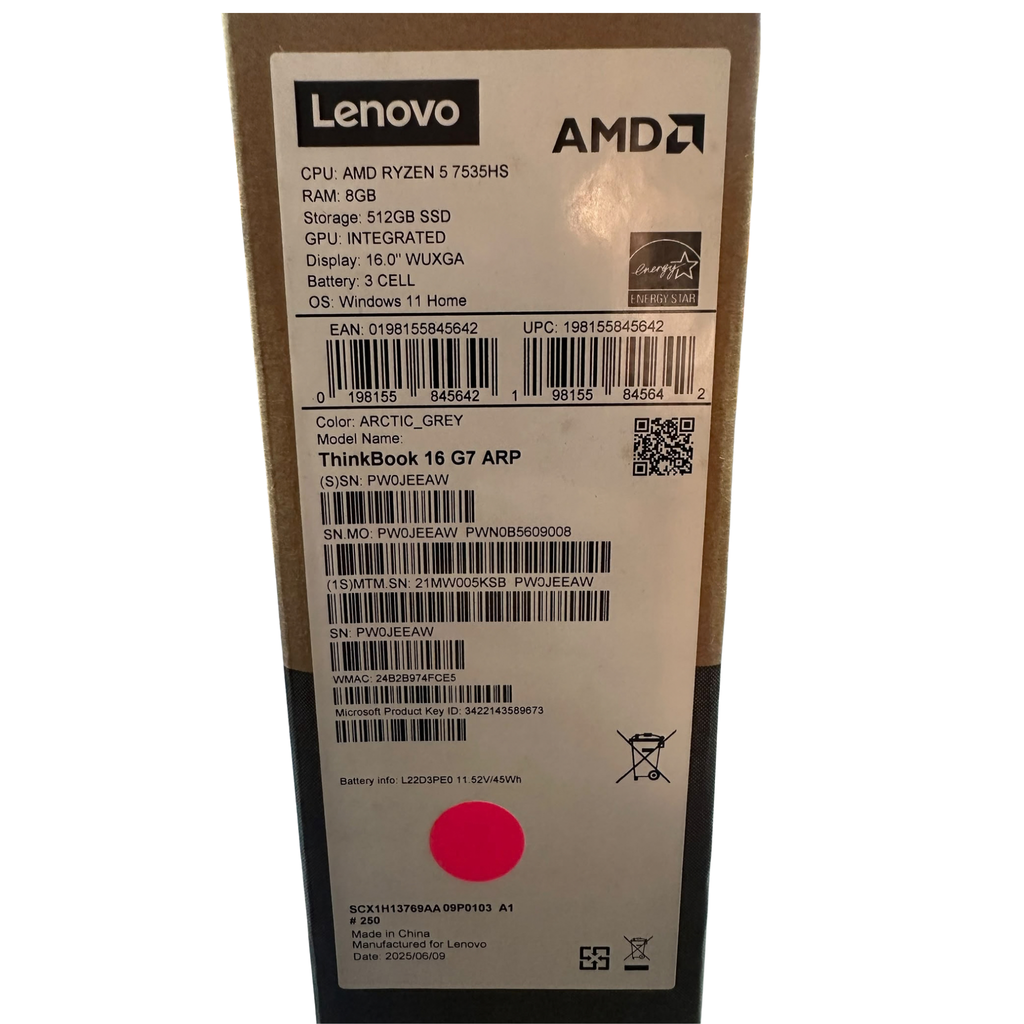Lenovo ThinkBook 16 G7 ARP 16" WUXGA Laptop, AMD Ryzen 5 7535HS 3.3GHz, 16GB RAM, 512GB SSD, Windows 11 Pro, Arctic Gray