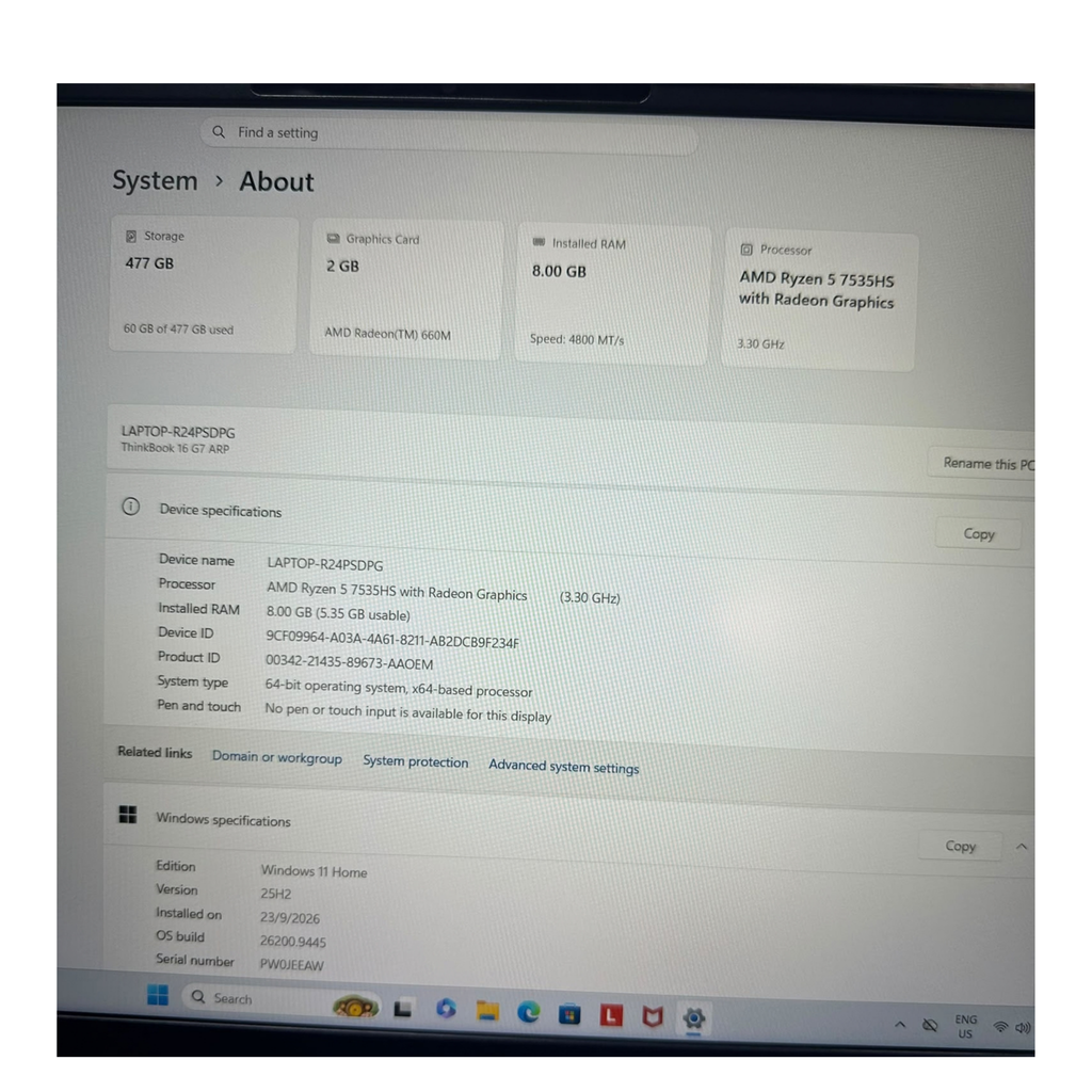 Lenovo ThinkBook 16 G7 ARP 16" WUXGA Laptop, AMD Ryzen 5 7535HS 3.3GHz, 16GB RAM, 512GB SSD, Windows 11 Pro, Arctic Gray