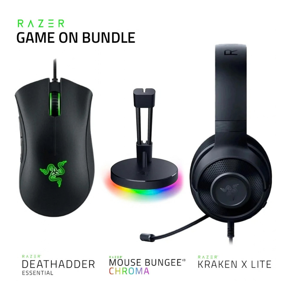 Razer Game On Bundle  Deathadder Essential, Kraken X Lite, Mouse Bungee V3 Chroma