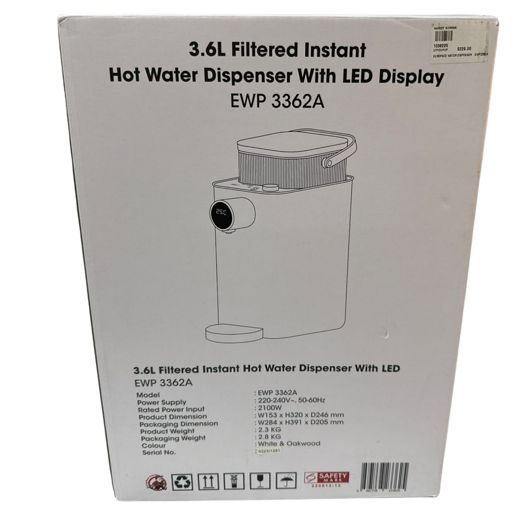 EuropAce 3.6L Filtered Instant Hot Water Dispenser Model EWP 3362A
