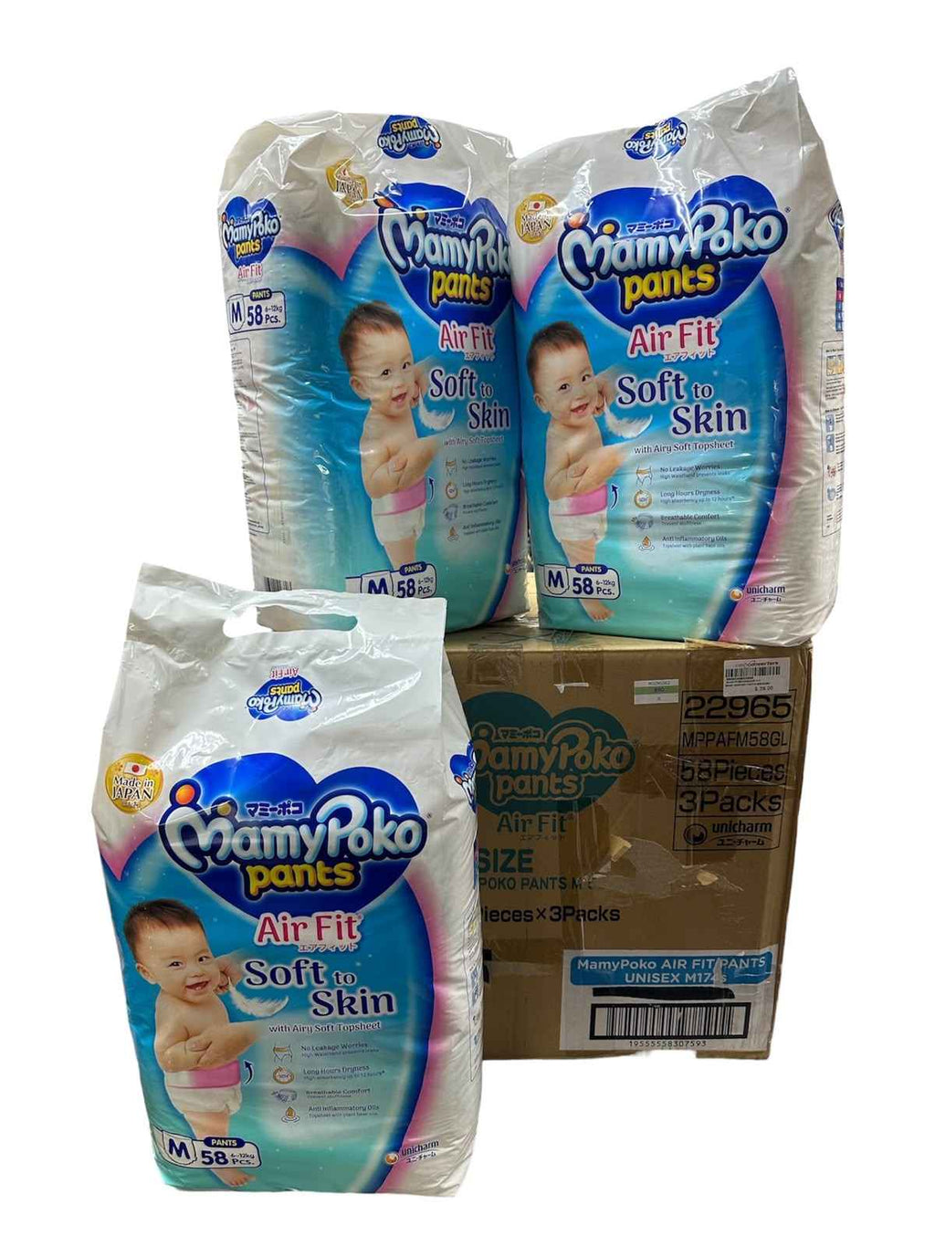 MamyPoko Air Fit Pants Baby Diapers, M, 6-12kg, 58 Pcs x 3 Packs