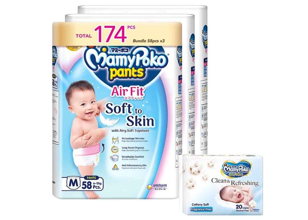 MamyPoko Air Fit Pants Baby Diapers, M, 6-12kg, 58 Pcs x 3 Packs