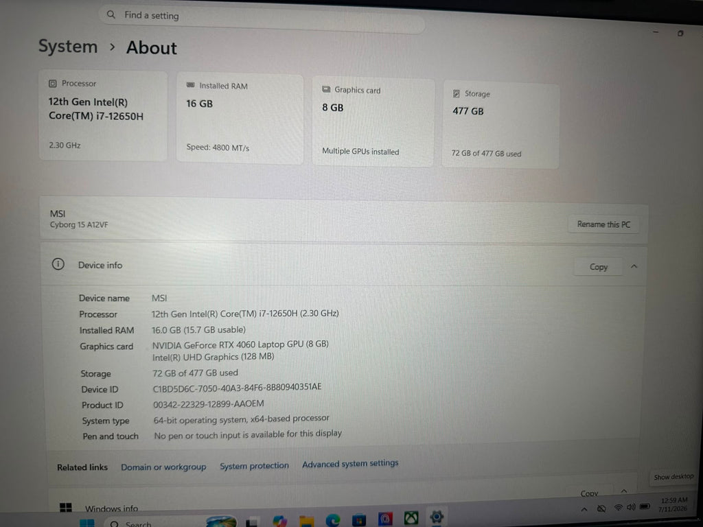 Msi Cyborg 15 A12vf Syst i7-12650h