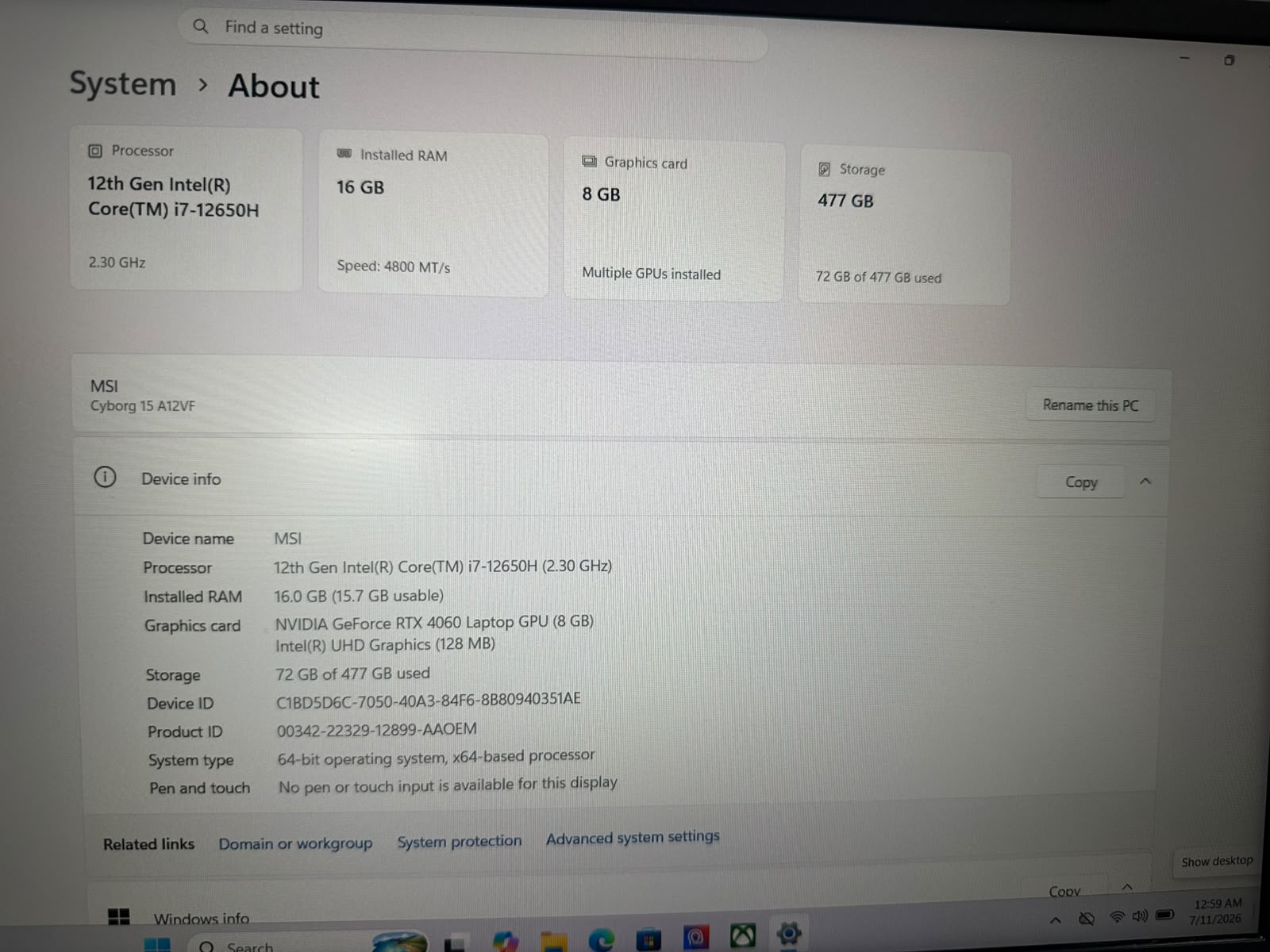 Msi Cyborg 15 A12vf Syst i7-12650h
