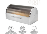 Oggi Stainless Steel Roll Top Bread Box for Kitchen Countertop with Tempered Glass Lid