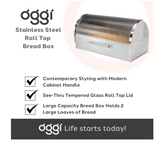 Oggi Stainless Steel Roll Top Bread Box for Kitchen Countertop with Tempered Glass Lid