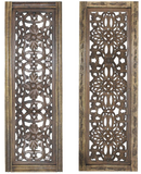 TUP The Urban Port Floral Hand Carved Wooden Wall Panels, Assortment of Two, Rustic Brown