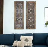 TUP The Urban Port Floral Hand Carved Wooden Wall Panels, Assortment of Two, Rustic Brown