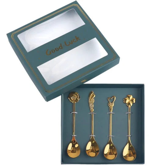 INEVIFIT Set of 4 Stainless Steel Creative Spoon Gold, Dessert Ice Tea Spoon for Coffee Tea, Cake,Dessert