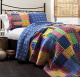 Lush Decor Misha Quilt | Patchwork Bohemian Reversible Print Pattern 3 Piece Bedding Set - King - Fuschia and Blue