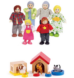 Hape Happy Family Dollhouse with Pet Set Award Winning Doll Family Set, Unique Accessory for Kid’s Wooden Dolls House, Imaginative Play Toy, 6 Family Figures, Adults 4.3" and Kids 3.5"