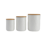Bloomingville Farmhouse Stoneware Canisters with Honeycomb Design and Bamboo Lids, White and Natural, Set of 3 Sizes