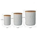 Bloomingville Farmhouse Stoneware Canisters with Honeycomb Design and Bamboo Lids, White and Natural, Set of 3 Sizes