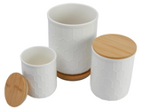 Bloomingville Farmhouse Stoneware Canisters with Honeycomb Design and Bamboo Lids, White and Natural, Set of 3 Sizes