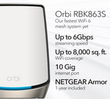 NETGEAR Orbi 860 Series Tri-Band WiFi 6 Mesh System (RBK863S), 3-Pack: 1 Router + 2 Satellite Extenders, Up to 8,000 sq. ft., 100 Devices, 10 Gig Internet Port, AX6000 802.11ax (up to 6Gbps)