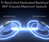 NETGEAR Orbi 860 Series Tri-Band WiFi 6 Mesh System (RBK863S), 3-Pack: 1 Router + 2 Satellite Extenders, Up to 8,000 sq. ft., 100 Devices, 10 Gig Internet Port, AX6000 802.11ax (up to 6Gbps)