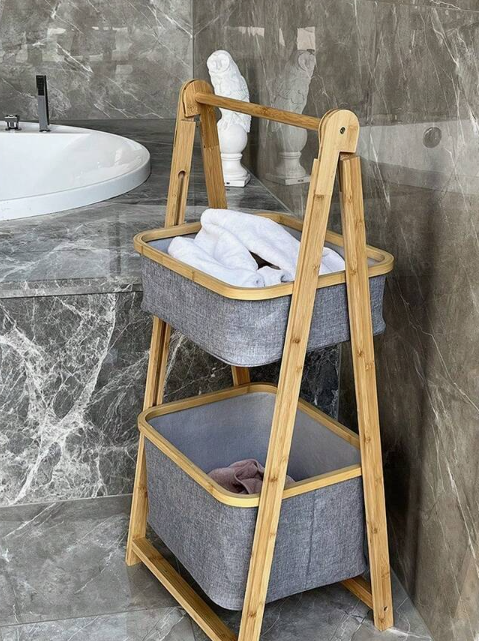 Foldable Laundry Sorter With Bamboo Rack 2 Tiered Laundry Organizer Baskets Hampers Bag Bin For Bathroom, Laundry Room, Bedroom, Nursery, Guest Room, Closet