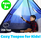 USA Toyz Happy Hut Teepee Tent for Kids - Indoor Pop Up Teepee Kids Playhouse Tent for Boys and Girls with Included Flashlight Projector Toy and Portable Play Tent Storage Bag (Blue)