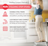 Hailo OneStep | Steel step | One large step with non-skid mat | Folding safety mechanism with unlocking button | Easy storage | Lightweight | White