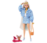 Barbie Extra Doll #16 in Blue Paisley-Print Skirt & Jacket, with Pet Puppy, Extra-Long Hair & Accessories, Flexible Joints, for 3 Years Old & Up, Multicolored