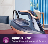 Philips 8000 Series DST8050/26 - Steam Iron, 3000W, 260g/min Boost Shot, 85g/min Continuous Output, SteamGlide Elite Rosecopper Soleplate, Dark Blue and Gold