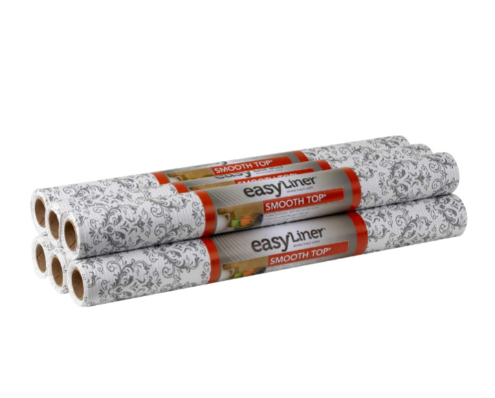 DUCK 286282 Smooth Top Easy Liner Shelf Liner, Under Cabinet Multipack, 6-Rolls, Each 20" Width, 6' Length, Grey Damask