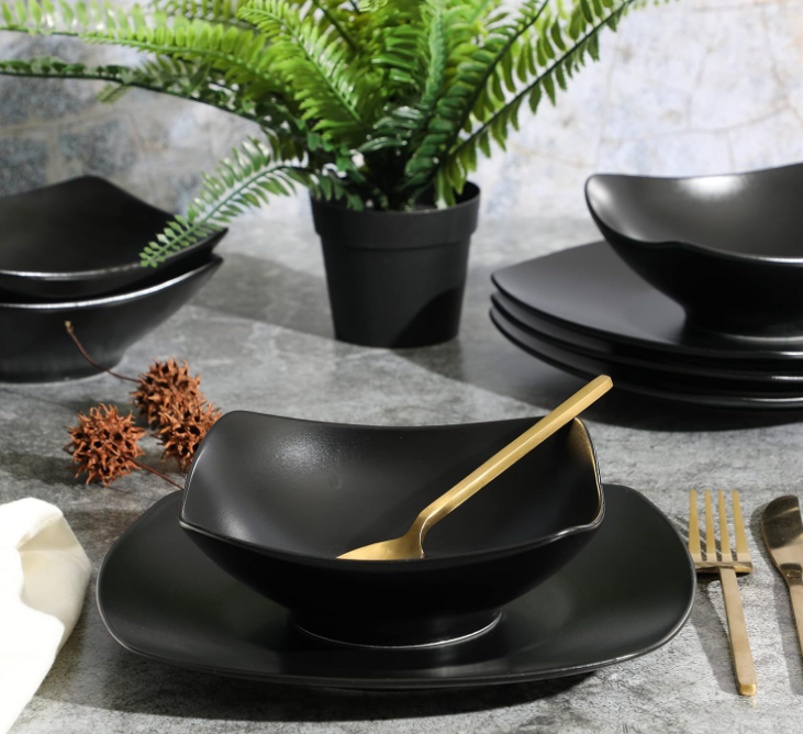Gibson Home Zen Buffet Matte Porcelain Plates and Bowls Dinnerware Set - Black, Service for 4 (8pcs)