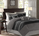 Madison Park Palmer Comforter Set - Faux Suede Design, Striped Accent, All Season Down Alternative Bedding, Matching Shams, Decorative Pillow, Bed Skirt, King (104 in x 92 in), Black 7 Piece