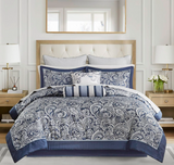 Madison Park Aubrey Cozy Comforter Set, Faux Silk Jacquard Paisley Design - All Season Down Alternative Bedding with Cotton Bed Sheets, Bed Skirt & Toss Pillows, Queen Navy 12 Piece