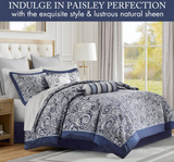 Madison Park Aubrey Cozy Comforter Set, Faux Silk Jacquard Paisley Design - All Season Down Alternative Bedding with Cotton Bed Sheets, Bed Skirt & Toss Pillows, Queen Navy 12 Piece