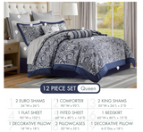 Madison Park Aubrey Cozy Comforter Set, Faux Silk Jacquard Paisley Design - All Season Down Alternative Bedding with Cotton Bed Sheets, Bed Skirt & Toss Pillows, Queen Navy 12 Piece