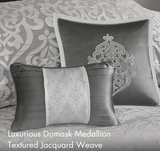 Madison Park Odette Cozy Comforter Set Jacquard Damask Medallion Design - Modern All Season, Down Alternative Bedding, Shams, Decorative Pillows, King(104 in x 92 in), Silver 8 Piece