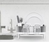 simplehuman Compact Kitchen Dish Drying Rack with Swivel Spout, Fingerprint-Proof Stainless Steel Frame, White Plastic