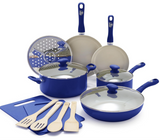 GreenLife Sandstone Healthy Ceramic Nonstick, 15 Piece Kitchen Cookware Pots and Frying Sauce Pans Set, PFAS- Free, Dishwasher Safe, Blue