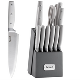 hecef Kitchen Knife Block Set, 14 Pieces Knife Set with Wooden Block & Sharpener Steel & All-purpose Scissors, High Carbon Stainless Steel Cutlery Set, Mothers Day Gift Housewarming Birthday(Grey)