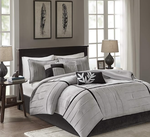 Madison Park Cozy Comforter Set Casual Blocks Design All Season, Matching Bed Skirt, Decorative Pillows, Cal King(104"x92"), Dune Suede, Black Grey, 7 Piece Main image