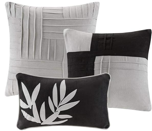 Madison Park Cozy Comforter Set Casual Blocks Design All Season, Matching Bed Skirt, Decorative Pillows, Cal King(104"x92"), Dune Suede, Black Grey, 7 Piece Secondary image