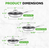 NutriChef 6-Piece Cookware Set Stainless Steel - Triply Kitchenware Pans Set Kitchen Cookware w/DAKIN Etching Non-Stick Coating - Small, Medium, & Large Stir Fry Pan with Lid - NC3PFRY3