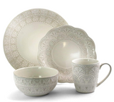 Elama Elegant Round Embossed Stoneware High Class Dinnerware Dish Set, 16 Piece, White