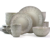 Elama Elegant Round Embossed Stoneware High Class Dinnerware Dish Set, 16 Piece, White