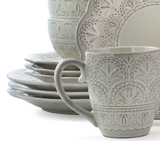 Elama Elegant Round Embossed Stoneware High Class Dinnerware Dish Set, 16 Piece, White