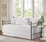 Madison Park Tuscany Daybed Cover Set-Trendy Damask Quilting with Scalloped Edges All Season Luxury Bedding with Bedskirt, Matching Shams, Decorative Pillow, White, 39"x75", 6 Piece