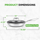 NutriChef 10" Stainless Steel Frying Pan - Triply Kitchenware Stir Fry Pan Kitchen Cookware w/DAKIN Etching Non-Stick Coating, Scratch-resistant Raised-up Honeycomb Fire Textured Pattern